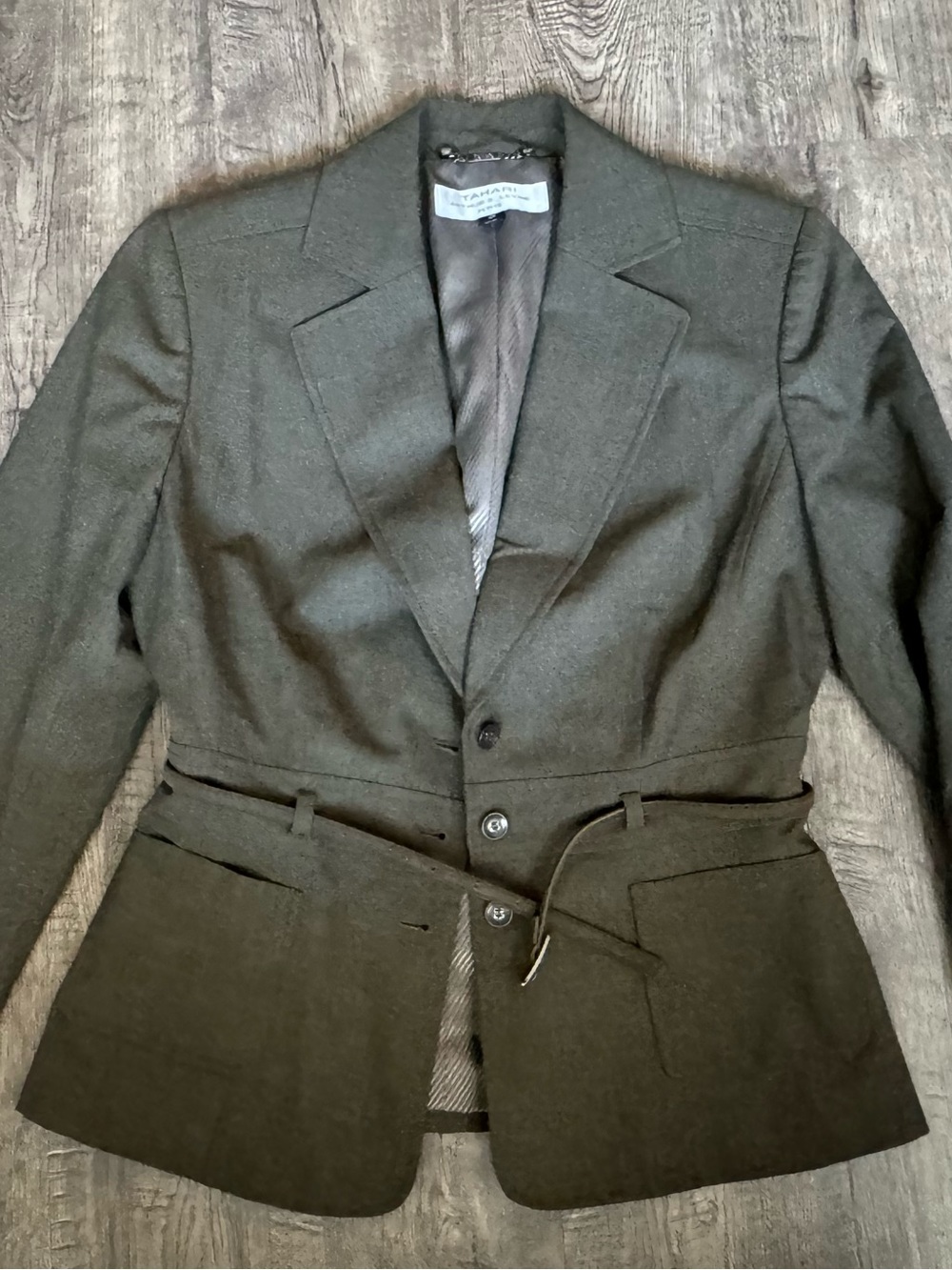 Tahari Arthur S. Levine Womens Petite 4P Olive Green Belted Blazer Lined Pockets